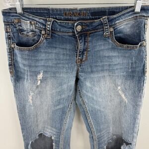 Grace‎ in LA Blue Distressed Jeans Size 31 Straight Leg Denim Ripped Knees Chic